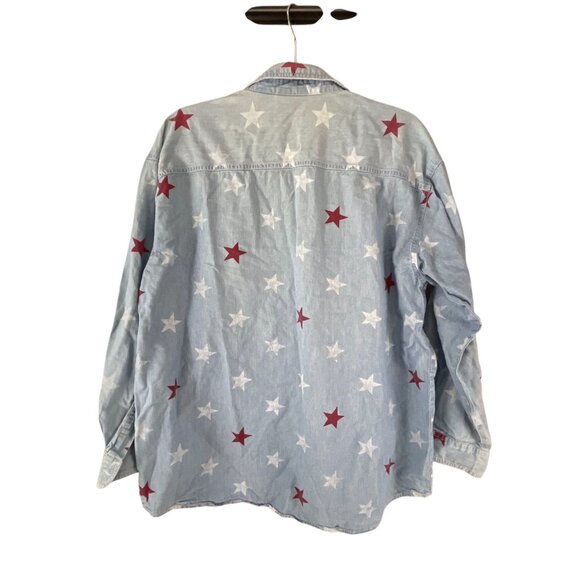 Bill Blass Women's Blue Denim Shirt L Red White Star Print Casual Streetwear - Picture 3 of 8